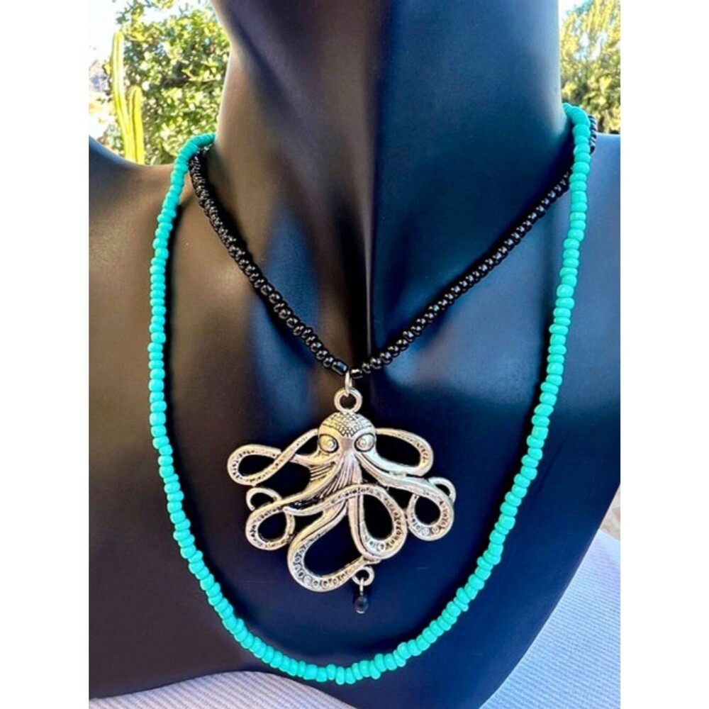 Black & Turquoise Seed Bead Necklaces with Kraken Octopus Pendant